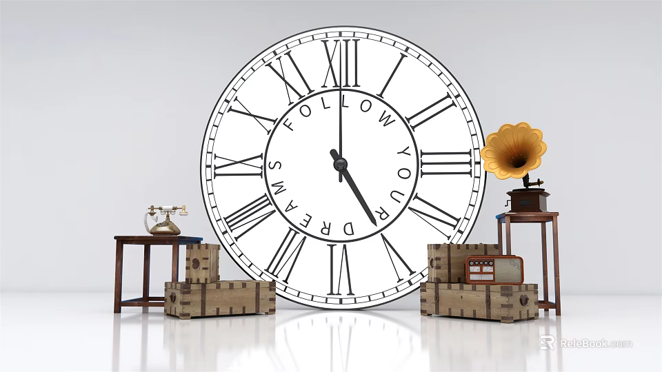 Vintage Room Decor Featuring Large Clock With Follow Your Dreams Gramophone Suitcases And Telephone 3d model 