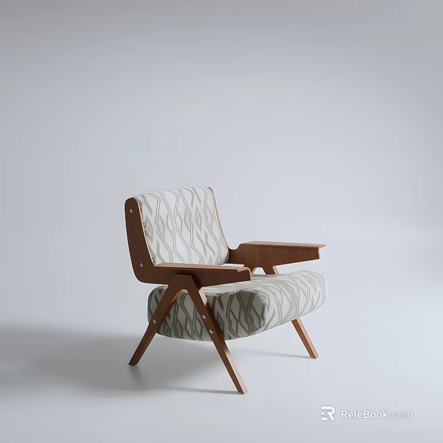 Modern Leisure Chair With Wooden Frame And Wave Pattern Fabric In Neutral Tones 3d model 