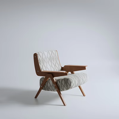 Modern Leisure Chair With Wooden Frame And Wave Pattern Fabric In Neutral Tones 3d model