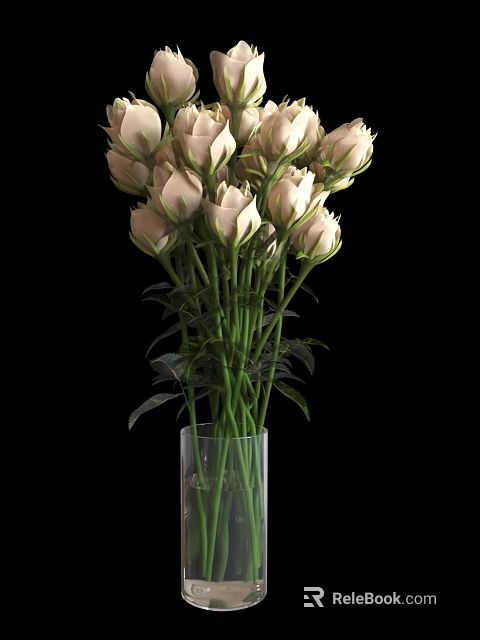 Transparent Glass Vase With Light Pink Roses And Green Stems On Black Background 3d model 
