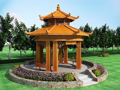Chinese-style Wooden Pavilion in Garden with Green Lawn Trees Flower Bed and Benches 3d model