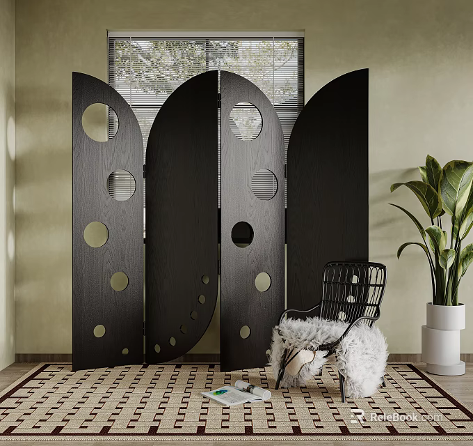 Black Room Divider With Circular Cutouts In Interior Space 3d model