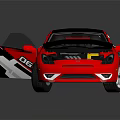 Red and black modified sports car with open hood doors and rear spoiler