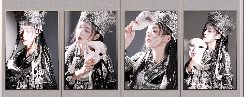 Framed Traditional Female Portrait With Ornate Headpiece And White Mask 3d model 