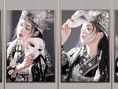 Framed Traditional Female Portrait With Ornate Headpiece And White Mask 3d model