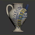Carved Vase Sculpture With Blue Yellow Decorative Patterns Wave Designs And OCEAN Lettering