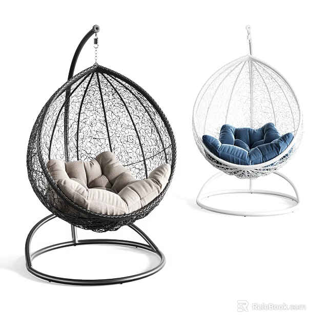 Modern Hanging Swing Chair with Metal Frame Black White and Beige Blue Comfortable Cushions 3d model 