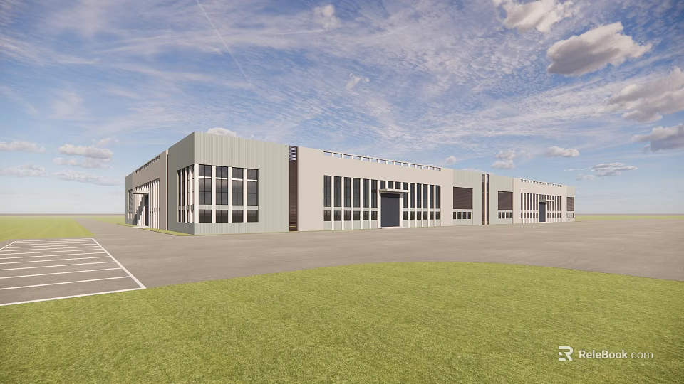 Modern Industrial Factory Building With Large Glass Windows Metal Exterior And Green Lawn 3d model 