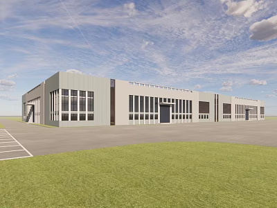 Modern Industrial Factory Building With Large Glass Windows Metal Exterior And Green Lawn 3d model
