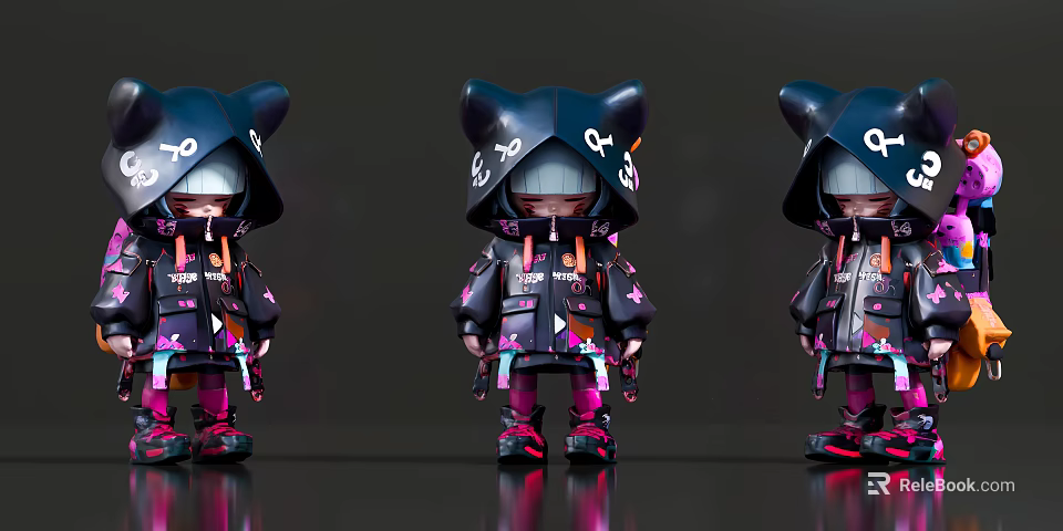 Three Trendy Female Dolls With Cat Ear Hoods Black Outfit Colorful Patterns Pink Accents 3d model 