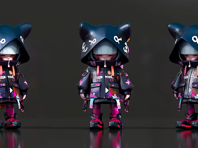 Three Trendy Female Dolls With Cat Ear Hoods Black Outfit Colorful Patterns Pink Accents 3d model
