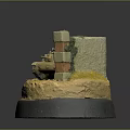 Miniature Model Scene Featuring Tank Figure Wall Sand Grass And Base 3d model