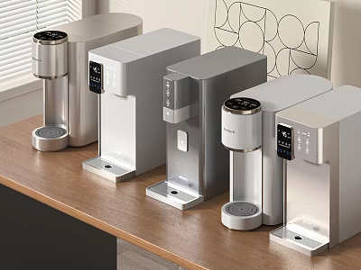 Various Silver Gray Instant Heating Water Dispensers On Wooden Tabletop With Window Blinds Geometric Art 3d model