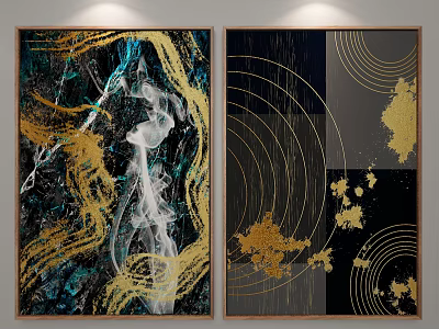 Modern Abstract Wall Paintings With Gold Blue Patterns And Circular Designs 3d model