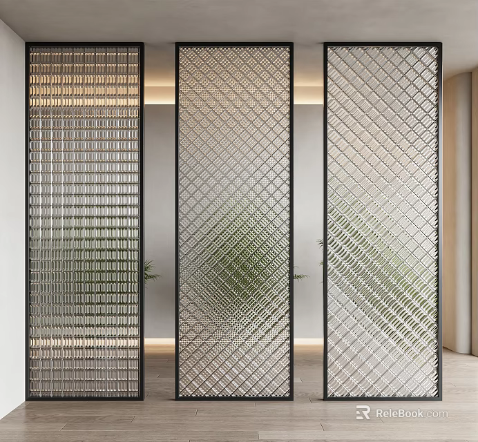 Modern Glass Room Dividers with Metal Frames and Geometric Grid Patterns 3d model