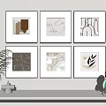 Abstract Paintings In White Frames On Wall With Shelf Green Plant And Geometric Decor 3d model