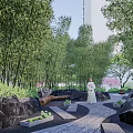 Residential Landscape With Arched Canopy Bamboo Pathway Water Fountain And High Rise Buildings
