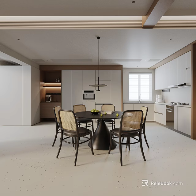 Modern Dining Table Set With Beige Chairs And White Kitchen Interior 3d model