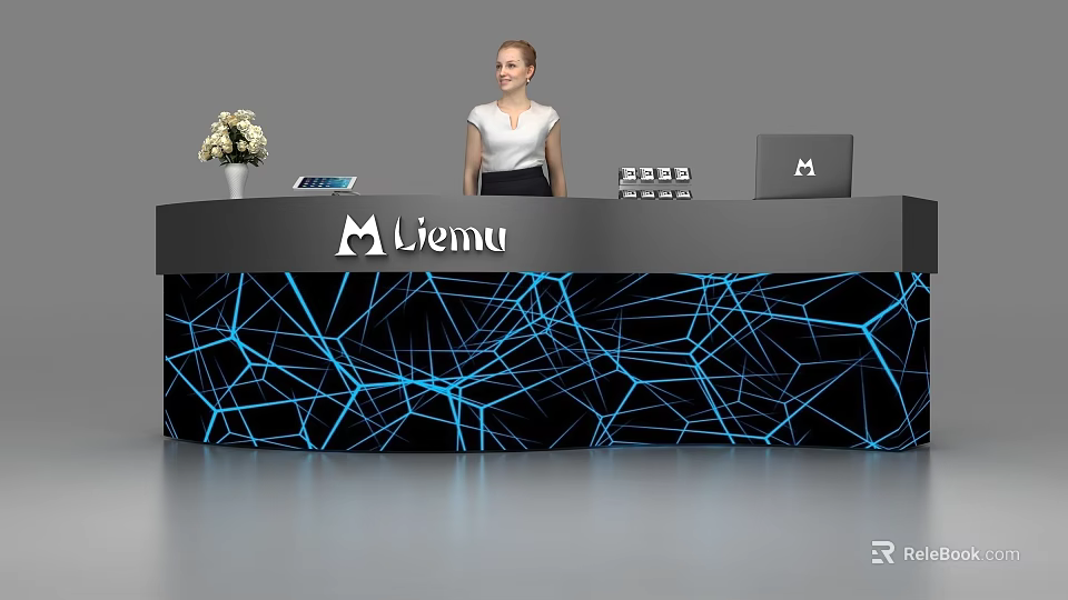 Modern Reception Desk With Blue Geometric Pattern Liemu Logo White Flower Vase Tablet And Laptop 3d model 