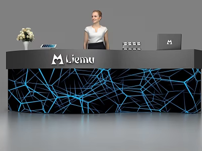Modern Reception Desk With Blue Geometric Pattern Liemu Logo White Flower Vase Tablet And Laptop 3d model