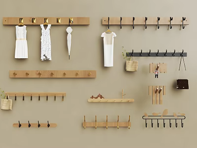 Various Types of Wooden Wall Hooks for Hanging Clothes Umbrellas and Bags 3d model