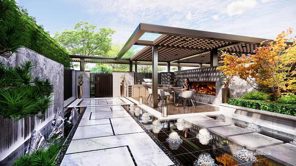 Modern Courtyard Garden Design With Stone Path Water Feature And Pergola Seating Area 3d model 