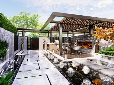 Modern Courtyard Garden Design With Stone Path Water Feature And Pergola Seating Area 3d model