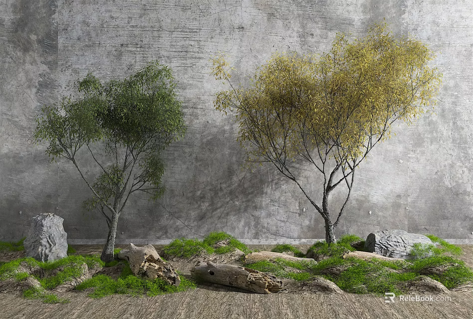 Two Arbor Trees in Front of Gray Wall with Stones Logs and Green Grass 3d model 