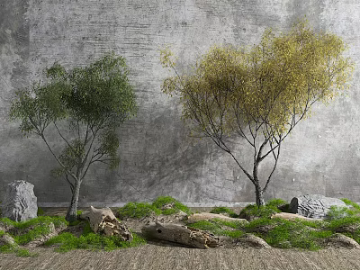 Two Arbor Trees in Front of Gray Wall with Stones Logs and Green Grass 3d model
