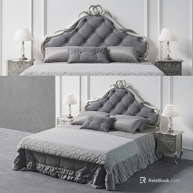 Elegant Gray Double Bed With Tufted Headboard Silver Frame Nightstands And Table Lamps 3d model 