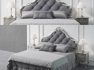 Elegant Gray Double Bed With Tufted Headboard Silver Frame Nightstands And Table Lamps 3d model