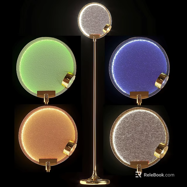 Modern Floor Lamps With Circular Shades Multiple Colors And Golden Stands 3d model 