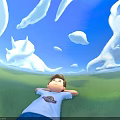 Relaxed Boy Lying on Green Grass With Dinosaur Shaped Clouds in Blue Sky