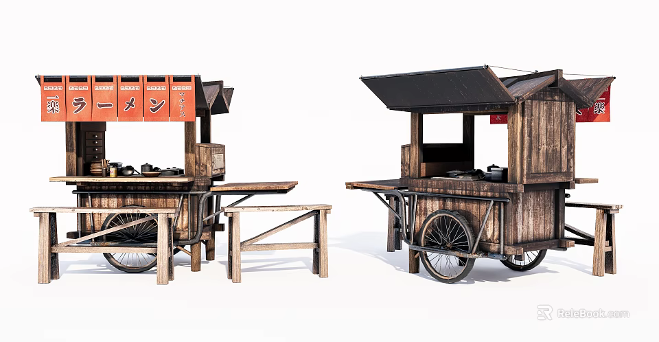 Vintage Wooden Functional Cart For Outdoor Food Stall With Awning And Tables 3d model 