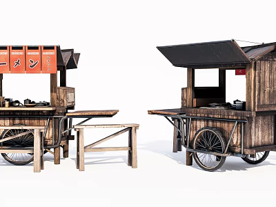 Vintage Wooden Functional Cart For Outdoor Food Stall With Awning And Tables 3d model