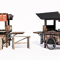 Vintage Wooden Functional Cart For Outdoor Food Stall With Awning And Tables