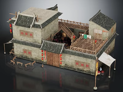 Traditional Ancient Chinese Architecture With Wooden Roof Tile Walls And Red Lanterns 3d model