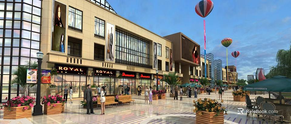 Modern Commercial Street With Shops Pedestrian Area And Colorful Hot Air Balloons 3d model 