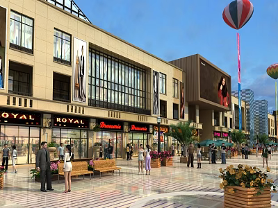 Modern Commercial Street With Shops Pedestrian Area And Colorful Hot Air Balloons 3d model