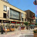 Modern Commercial Street With Shops Pedestrian Area And Colorful Hot Air Balloons