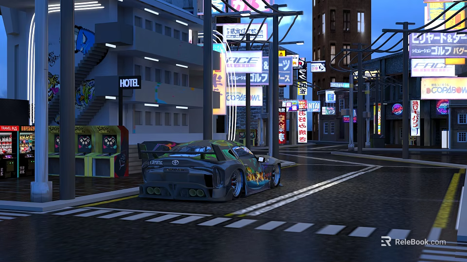Nighttime Commercial Street With Neon Signboards Race Car Hotel And Buildings 3d model 