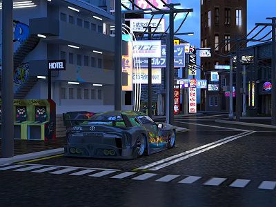 Nighttime Commercial Street With Neon Signboards Race Car Hotel And Buildings 3d model