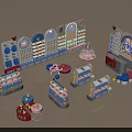 Shopping Mall Store with Various Colorful Display Shelves and Product Display Tables