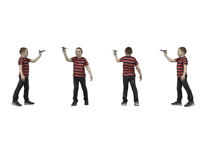 Man Holding Toy Plane In Different Angles Wearing Red Black Striped Shirt And Dark Pants 3d model
