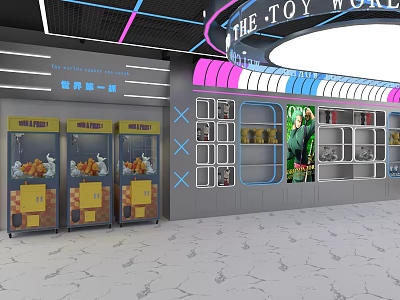 Toy Store Interior With Claw Machines Display Cabinets And Toy World Signboard 3d model