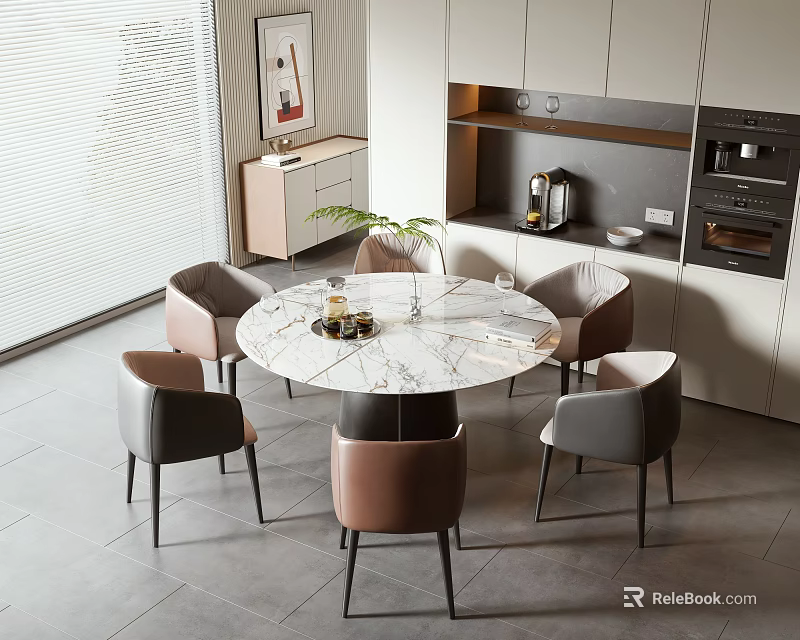Modern Open Kitchen Dining Interior With Round Marble Table And Upholstered Pink Gray Chairs 3d model