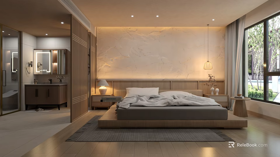 Hotel Room Interior With Modern Wooden Bed Textured Wall And Pendant Light 3d model 