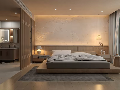 Hotel Room Interior With Modern Wooden Bed Textured Wall And Pendant Light 3d model