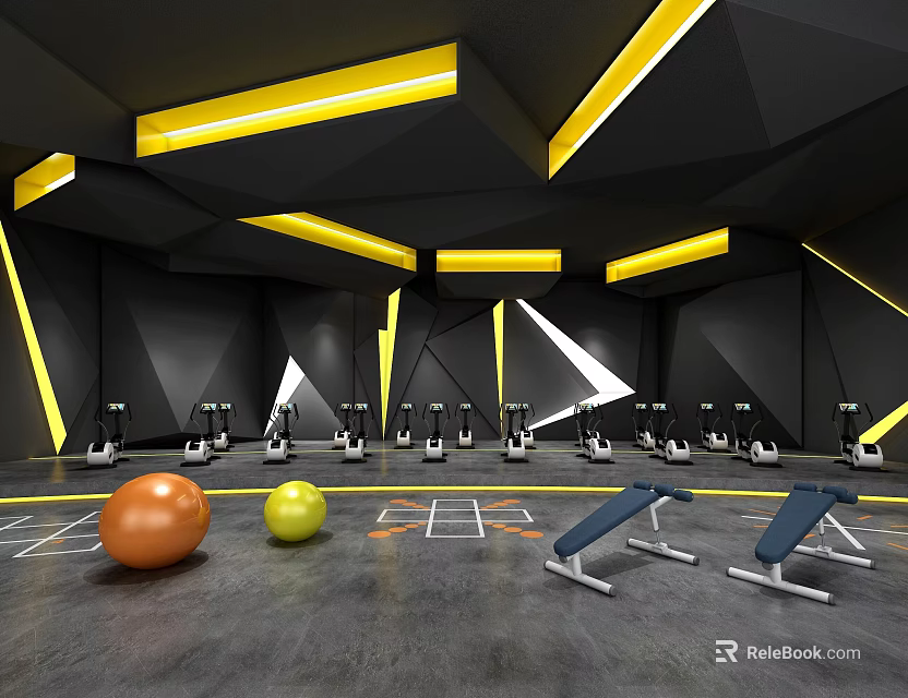 Modern Gym Interior With Yellow Accent Lighting Elliptical Machines And Fitness Balls 3d model 