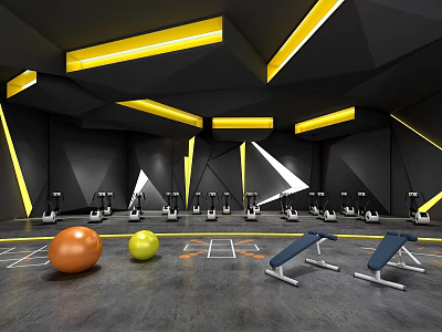 Modern Gym Interior With Yellow Accent Lighting Elliptical Machines And Fitness Balls 3d model